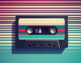 Obraz premium Vintage cassette tape on colorful striped background nostalgic music AI Generative