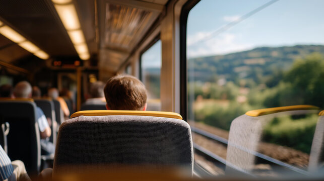 Passengers boarding a regional train, showcasing the ease of public transport as they settle into their seats, ready for a convenient journey through the countryside. cinematic color correction,