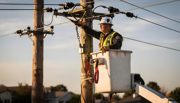 Focused Technician Working on Power Lines from a Bucket Truck for Maintenance and Repair, Ensuring Reliable Electricity Supply with Safety and Expertise