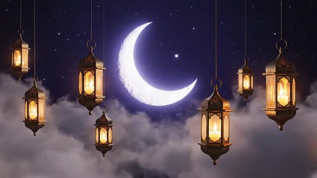 Modern islamic ramadan virtual video background with softly animated lanterns and crescent moon seamless looping composition tranquil sacred mood elegant lighting and spiritual night environment
