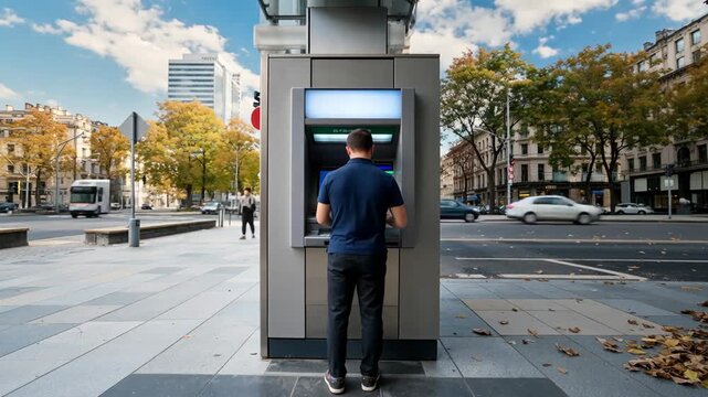A person using an automatic teller machine surrounded by autumn foliage in an urban environment with a cyclist passing by, bright blue sky with clouds