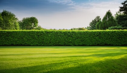 lush green hedge neatly trimmed bordering a vibrant lawn ample copy space property blank space