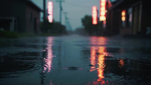 Showing puddle reflecting neon while raindrops creating ripples across wet street at dusk