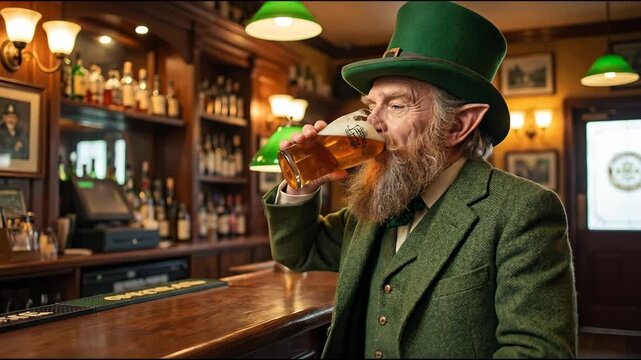 leprechaun man in green top hat raises glass of dark beer in cozy pub, showcasing festive celebration with friends in background and a warm fireplace. celebrate St Patrick Day during holiday time