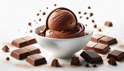 chocolate ice cream is served in a white bowl with chocolate squares around it on a white table