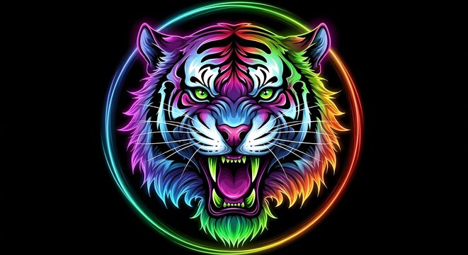 Fierce neon rainbow tiger head illustration roaring aggressively inside a vibrant glowing circular frame on black background