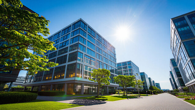 Modern office building with bright sun and green lawn, sunny day
