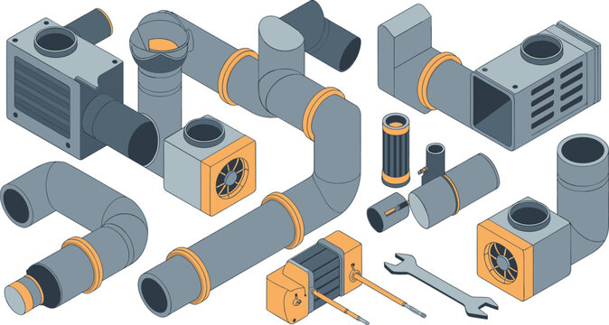 Isometric industrial HVAC ventilation components illustration, air ducts fans filters pipe system mechanical equipment vector set design