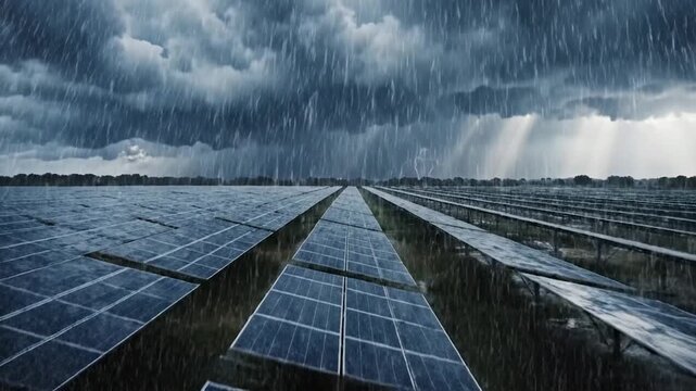 Solar panels enduring heavy rain and a dramatic stormy sky with lightning.