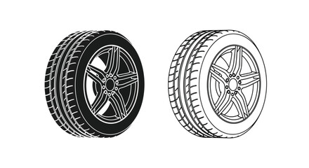 Two car tires depicted in a black and white line art style © Bristy