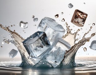 yakult and ice cubes splashing on a creamy white background with refreshing yakult droplets and icy splashes flying