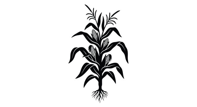Vintage illustration of a corn plant with detailed leaves and roots