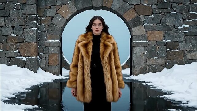 A model in a luxurious fur coat walks confidently through a stone archway over a reflective water surface surrounded by snow
