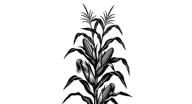 Vintage illustration of a corn stalk with leaves and developing ears
