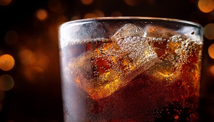 a zoomed in view of a cola drink with ice capturing the bubbly texture and refreshing look