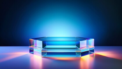 a crystal podium with a prismatic surface isolated on a dark blue background with soft colorful light reflections designed for premium perfume display