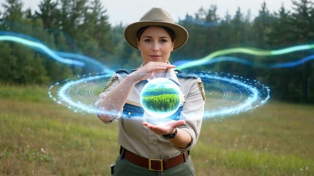 Park ranger in khaki uniform holding a glowing sphere of green grass with a natural landscape in the background, evoking themes of conservation