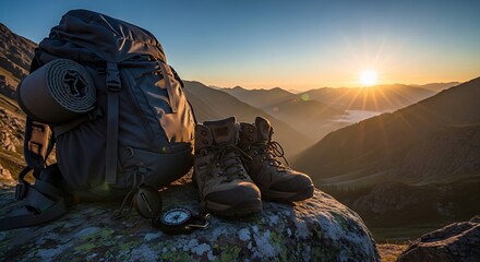 Hiking gear on a mountain peak at sunset illustration