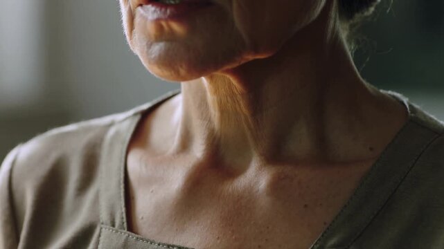 Speaking senior woman starting mouth parted, moving lips and swallowing in kitchen in beige apron