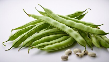 fresh cowpeas are displayed inside and outside their pods against a white background showing legumes