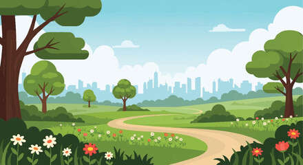Fototapeta premium Serene Cartoon Landscape with Winding Path, Vibrant Trees, Flowers, Distant City Skyline, and Blue Cloudy Sky