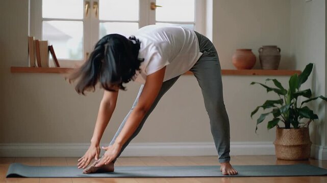 Starting woman stretching, reaching left then right on home yoga mat for warmup, wearing white tee