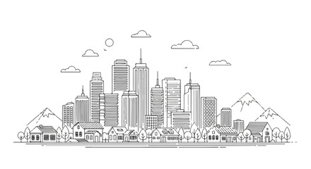 Obraz premium Serene Grayscale Cityscape with Skyscrapers, Mountain Silhouettes, and Cloud-Lit Skyline