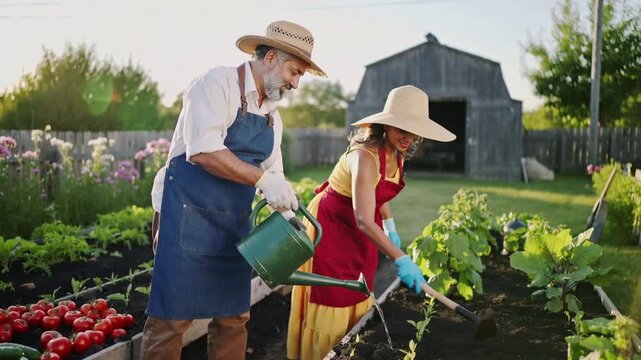 Tipping watering can, man and woman in aprons tending seedlings in garden bed, with harvest crates