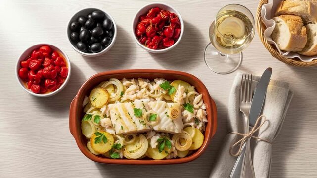 Bacalhau A traditional Portuguese Easter meal with baked Cod, potatoes, onion and parsley, a glass of white wine, a pair of cutlery wrapped in a napkin, with side dishes