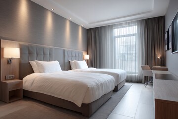 Fototapeta premium Contemporary hotel room interior featuring twin beds and modern lighting