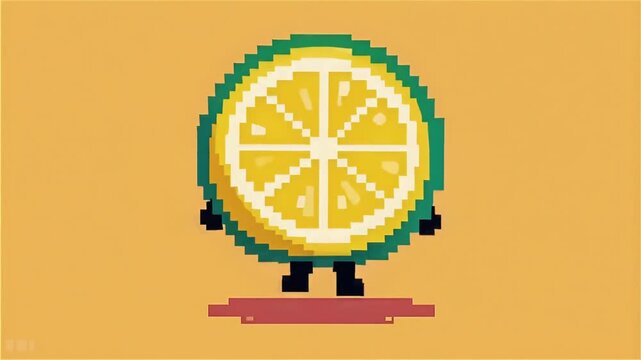 A pixel art lemon character with arms and legs, standing against a bright orange background, exuding a playful and cheerful vibe