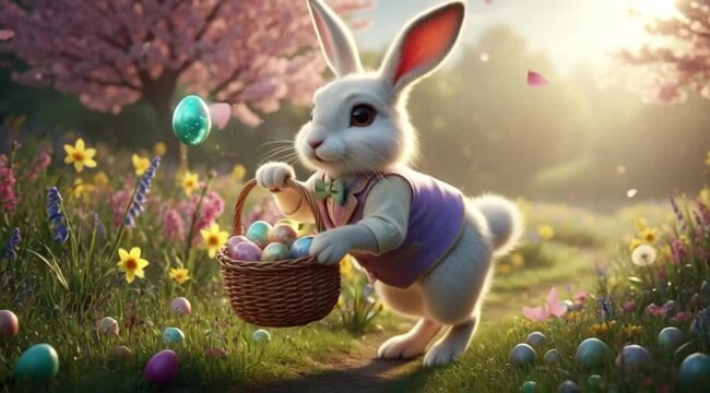 Anthropomorphic Easter Bunny Carrying Egg Basket Hopping Through Spring Meadow for Seasonal Holiday Marketing