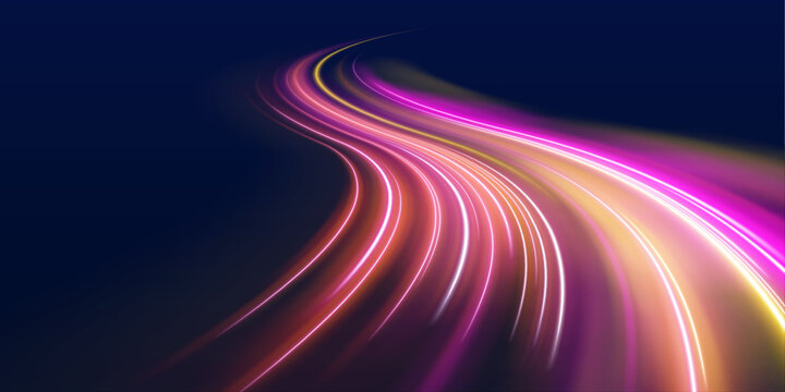 Electric neon streams twist and overlap, creating layered paths of motion. Bright particles shimmer along trails. Perfect for modern digital vector.