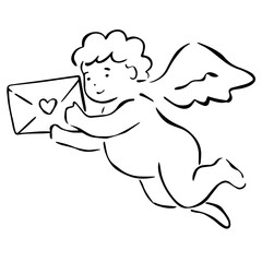 Obraz premium Cute Hand Drawn Cupid Angel Flying with Love Letter, Valentine’s Day Line Art Illustration