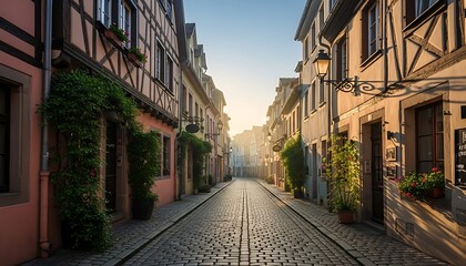 A quaint cobblestone street in a charming european town at sunset illustration