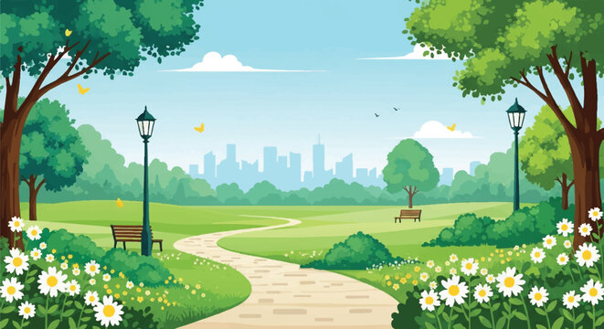 Winding Stone Path Through Lush Green Park with Trees, Streetlights, and Distant City Skyline on a Sunny Day