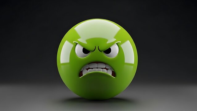 A 3D rendered green sphere with an angry face, set against a dark grey gradient background