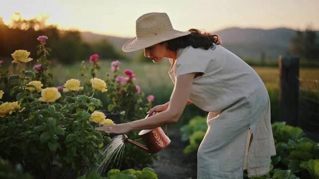 Lifting copper watering can gardener pouring water into yellow rose bed, tending plants, straw hat