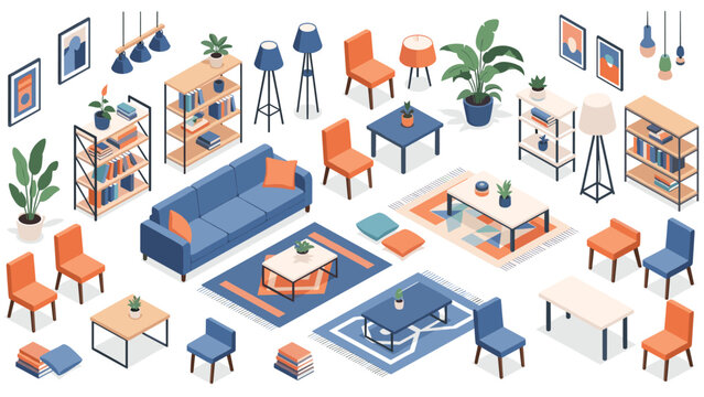 Extensive library of isometric furniture icons including sofas, chairs, shelves, lamps, and decorative green plants for interior design.