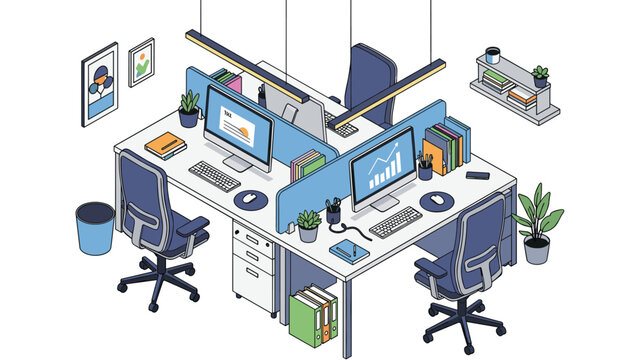 Efficient double office workstation with computer monitors, blue privacy screens, desk lamps, and storage drawers in a clean space.