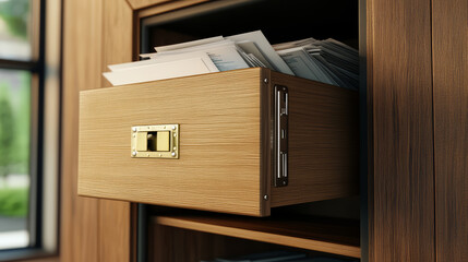 Wooden file cabinet drawer with lock partially open, revealing organized documents and folders inside, in modern office setting with natural light and secure, professional atmosphere