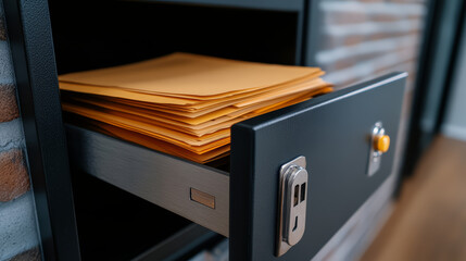 Lockable safe box drawer with stack of yellow envelopes and important documents partially visible, secure storage in modern office environment, safety and confidentiality