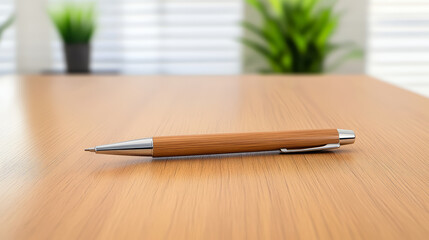 Ballpoint pen wooden desk modern office natural light green plant sleek design writing instrument minimal style calm atmosphere workspace