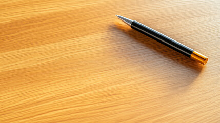 Ballpoint pen wooden desk modern workspace high fidelity sleek design office supply writing instrument minimal professional stationary. ballpoint pen with sleek design rests modern wooden desk