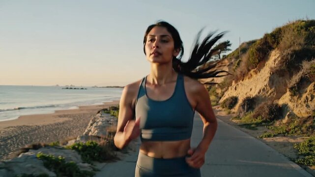 Running runner moving to camera on coastal path as camera tracking, in teal gear for training