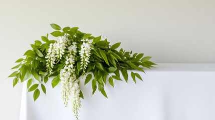 White wisteria bouquet with lush green leaves cascading on simple white tablecloth, creating fresh and elegant floral arrangement for serene indoor setting