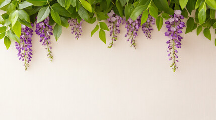 Wisteria flower bouquet cascading over simple white tablecloth, lush green leaves, soft natural light, elegant and tranquil floral arrangement, spring decoration
