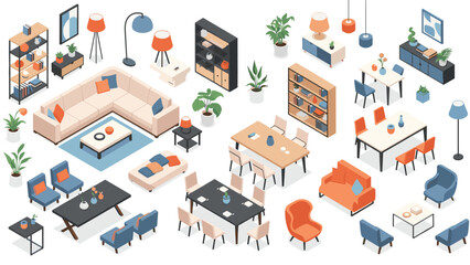 Comprehensive collection of isometric furniture icons including sofas dining sets lighting fixtures bookshelves and home decor items. © Ahsan