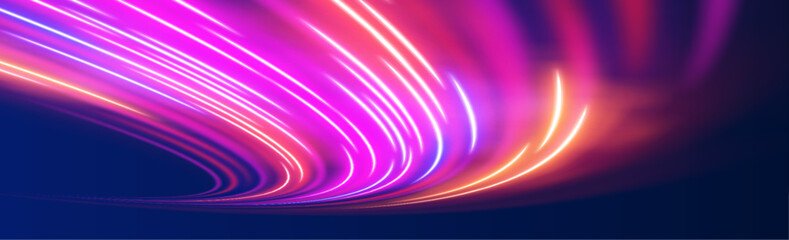 Obraz premium Bright neon arcs sweep through a futuristic night scene, forming dynamic trails. Particles pulse along paths. Designed for digital vector.