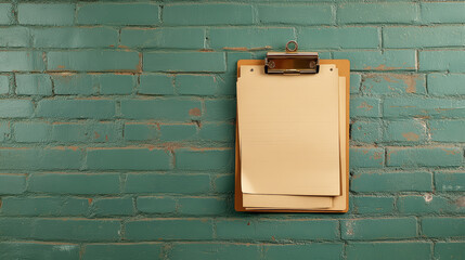 Clipboard paper wall brick teal metal holder task sheet organization emotionally calm and organized clipboard holder with blank sheets hanging on teal brick wall for task management or note taking